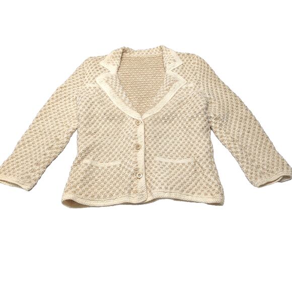 Hand Knit Handmade Sweater Blazer Cardigan Womens Size M Tan Cream Pockets NEW - Picture 7 of 16